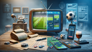 DALL_E 2023-12-27 16.38.21 - A realistic 16x9 image showing the 'Evolution of football betting in the digital age', without depicting people. The scene is a split composition illu