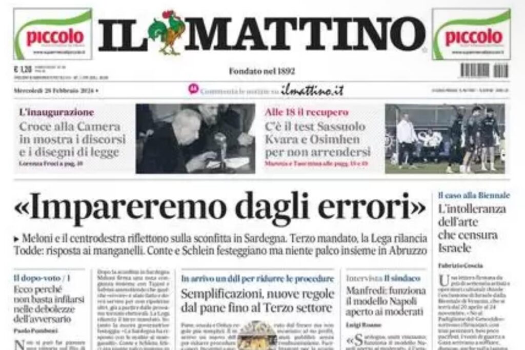 prima pagina il mattino oggi