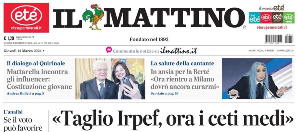 PRIMA PAGINA IL MATTINO OGGI