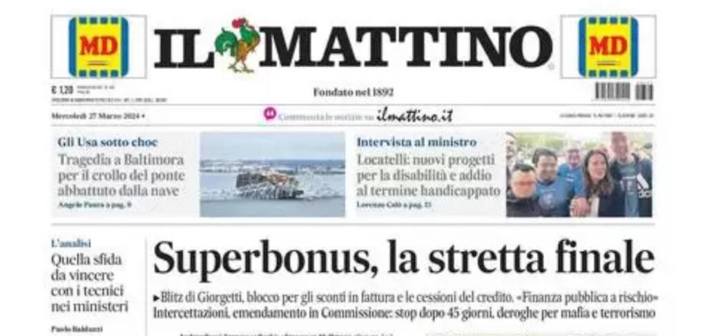 PRIMA PAGINA IL MATTINO OGGI