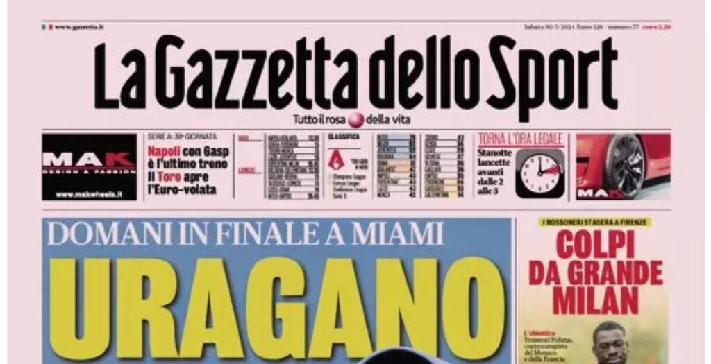 PRIMA PAGINA GAZZETTA DELLO SPORT OGGI