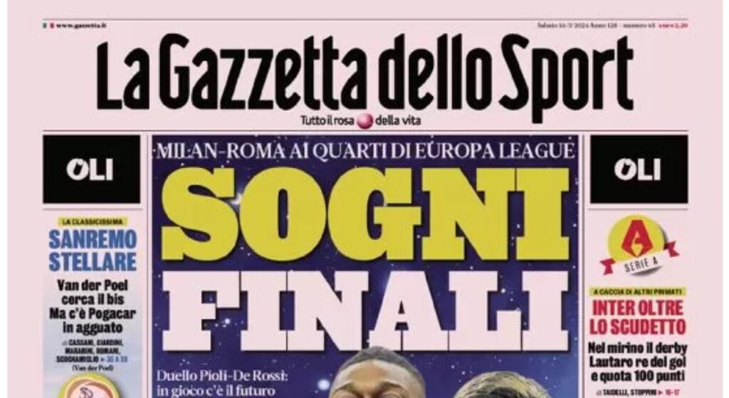 PRIMA PAGINA GAZZETTA DELLO SPORT OGGI
