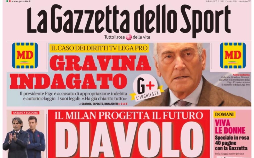 PRIMA PAGINA GAZZETTA DELLO SPORT OGGI