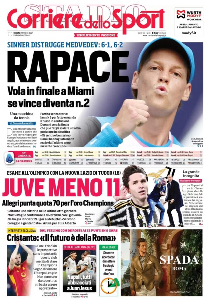 PRIMA PAGINA CORRIERE DELLO SPORT OGGI