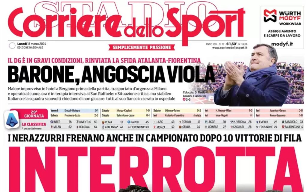 PRIMA PAGINA CORRIERE DELLO SPORT OGGI
