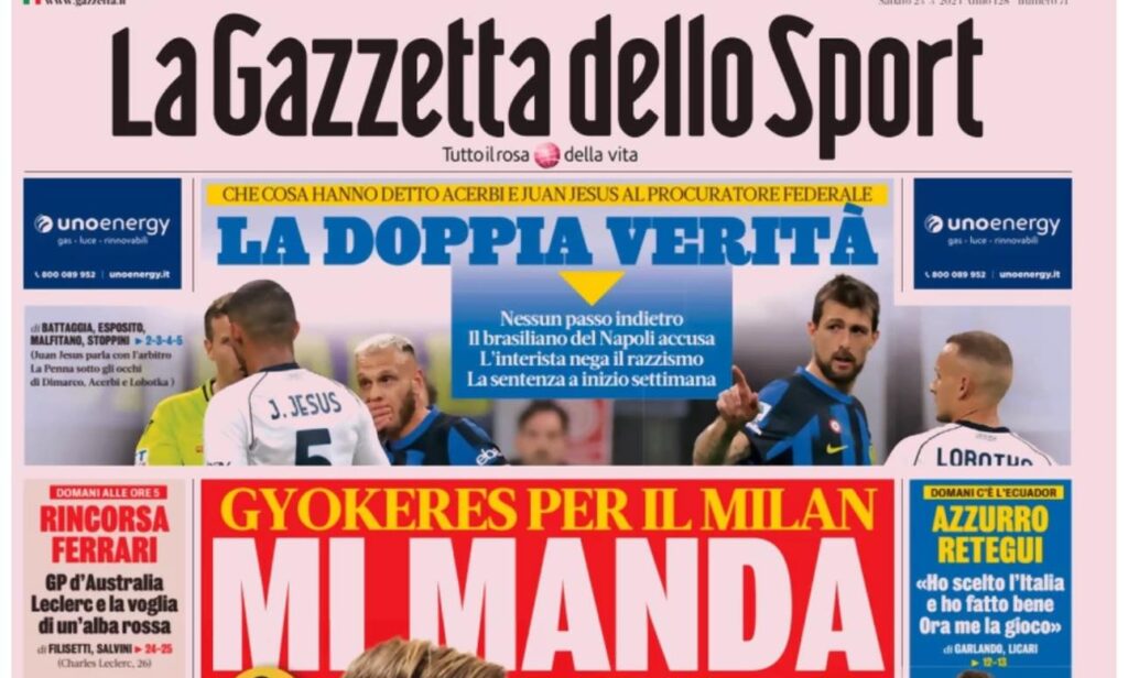 prima pagina gazzetta dello sport oggi