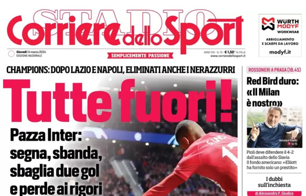 PRIMA PAGINA CORRIERE DELLO SPORT OGGI