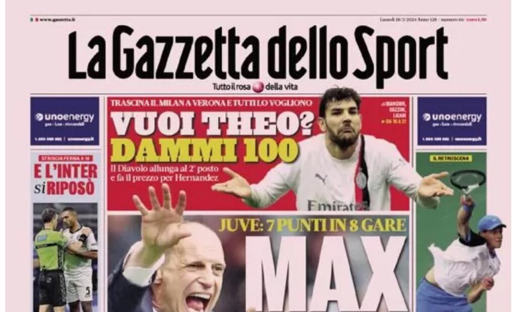 PRIMA PAGINA GAZZETTA DELLO SPORT OGGI