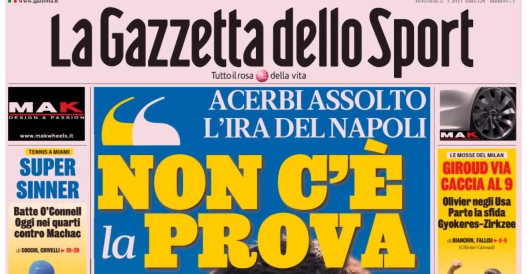 PRIMA PAGINA GAZZETTA DELLO SPORT OGGI