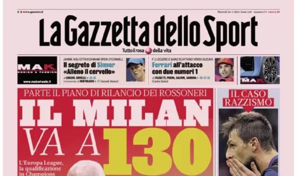 PRIMA PAGINA GAZZETTA DELLO SPORT OGGI: “Acerbi rischia grosso”