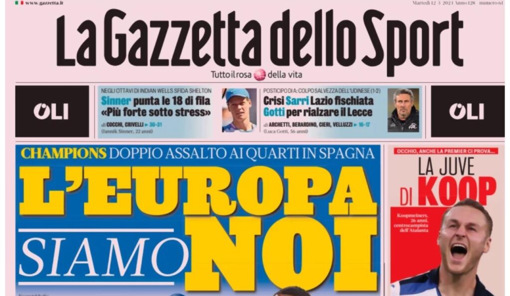 PRIMA PAGINA GAZZETTA DELLO SPORT OGGI