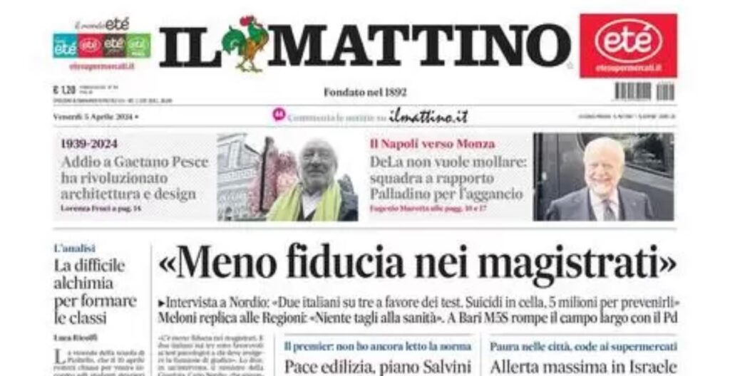 PRIMA PAGINA IL MATTINO OGGI