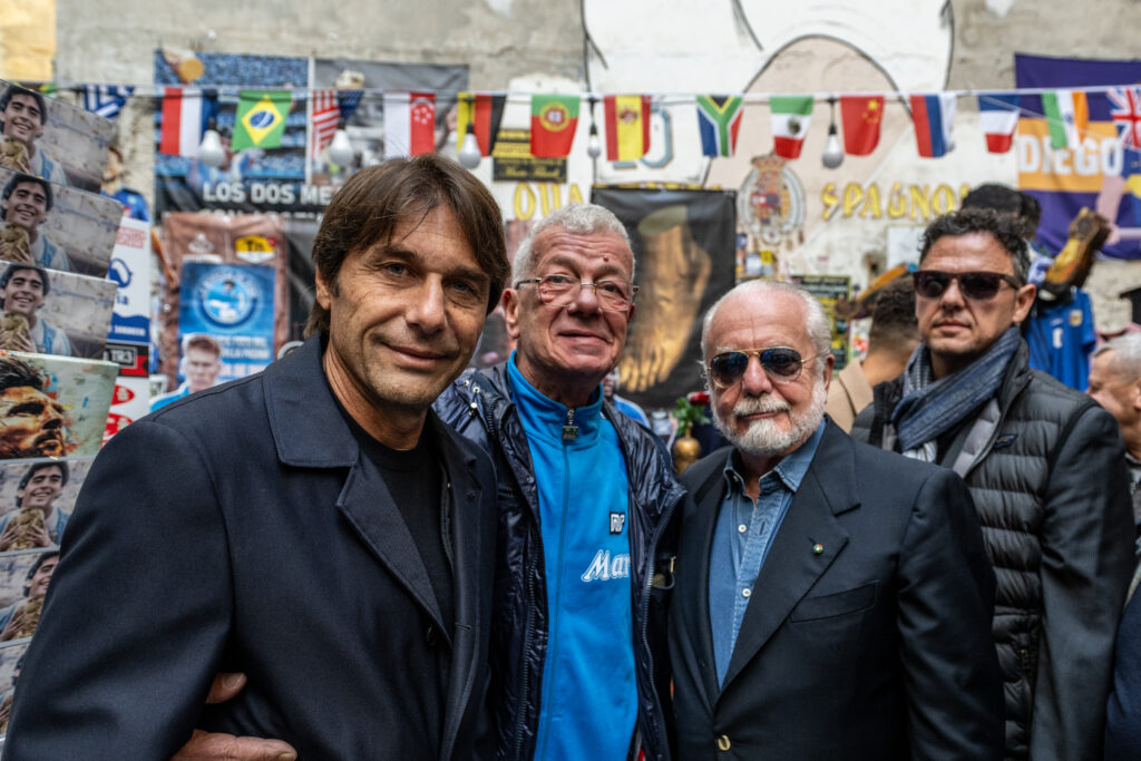 SSC Napoli Captain Giovanni Di Lorenzo And President Aurelio De Laurentiis Visit The Maradiona Mural