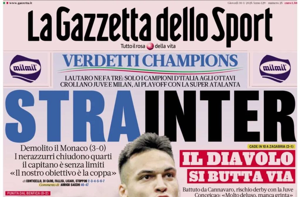 PRIMA PAGINA GAZZETTA DELLO SPORT OGGI: “Inzaghi al rinnovo, ci metto la firma”