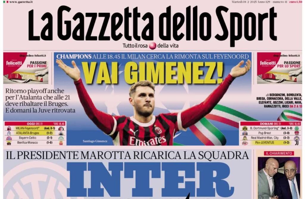 PRIMA PAGINA GAZZETTA DELLO SPORT OGGI: “Inzaghi al rinnovo, ci metto la firma”