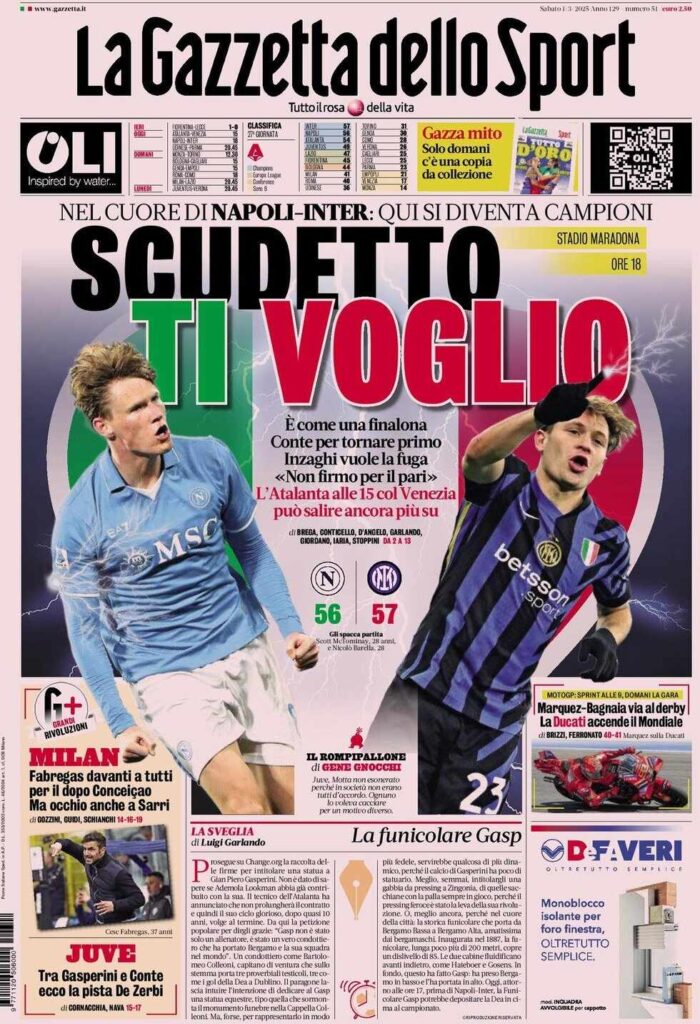 PRIMA PAGINA GAZZETTA DELLO SPORT OGGI: “Inzaghi al rinnovo, ci metto la firma”