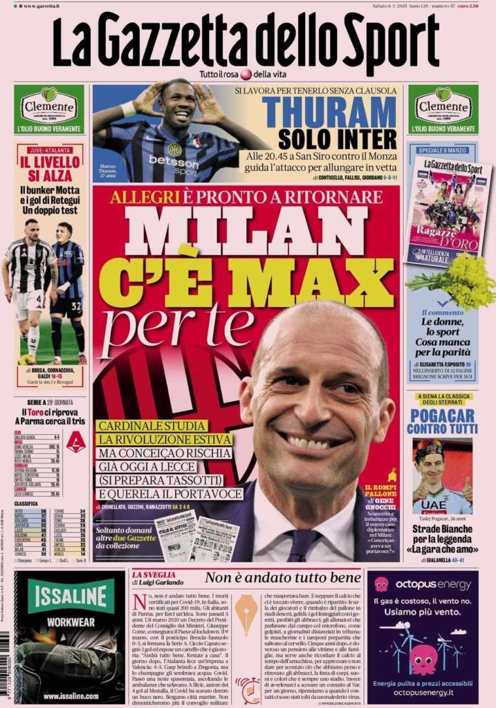 PRIMA PAGINA GAZZETTA DELLO SPORT OGGI: “Inzaghi al rinnovo, ci metto la firma”