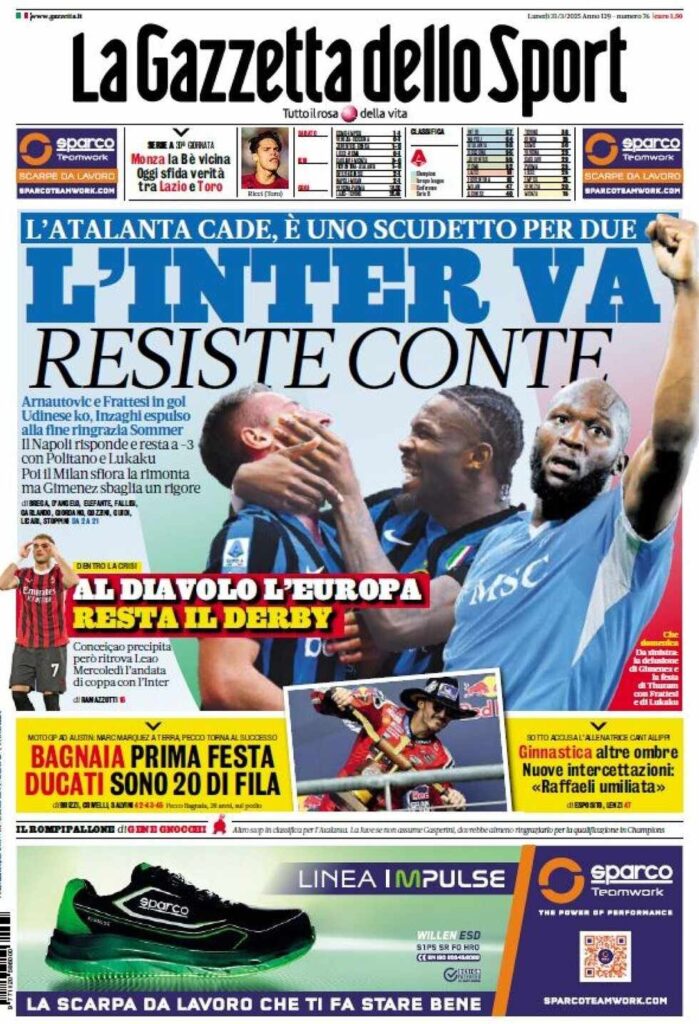 PRIMA PAGINA GAZZETTA DELLO SPORT OGGI: “Inzaghi al rinnovo, ci metto la firma”