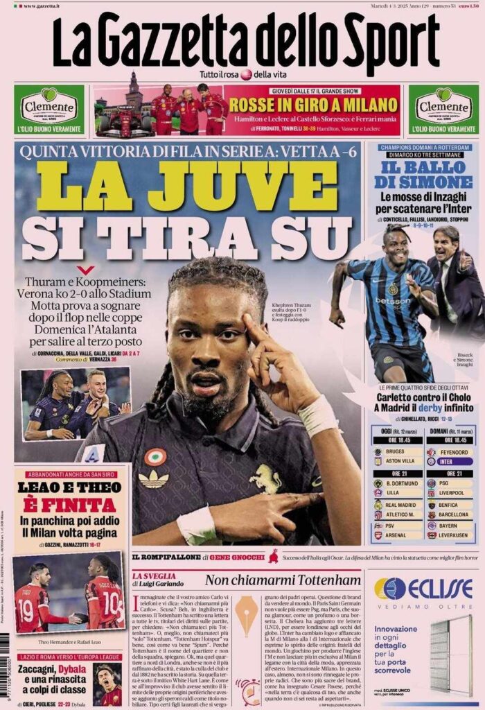 PRIMA PAGINA GAZZETTA DELLO SPORT OGGI: “Inzaghi al rinnovo, ci metto la firma”