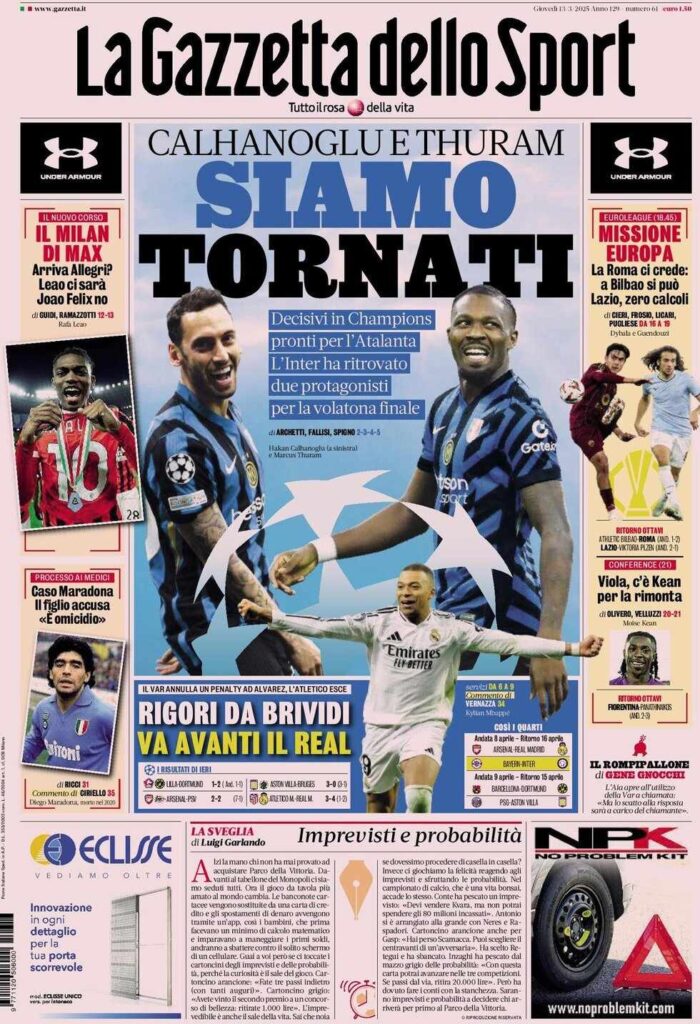 PRIMA PAGINA GAZZETTA DELLO SPORT OGGI: “Inzaghi al rinnovo, ci metto la firma”
