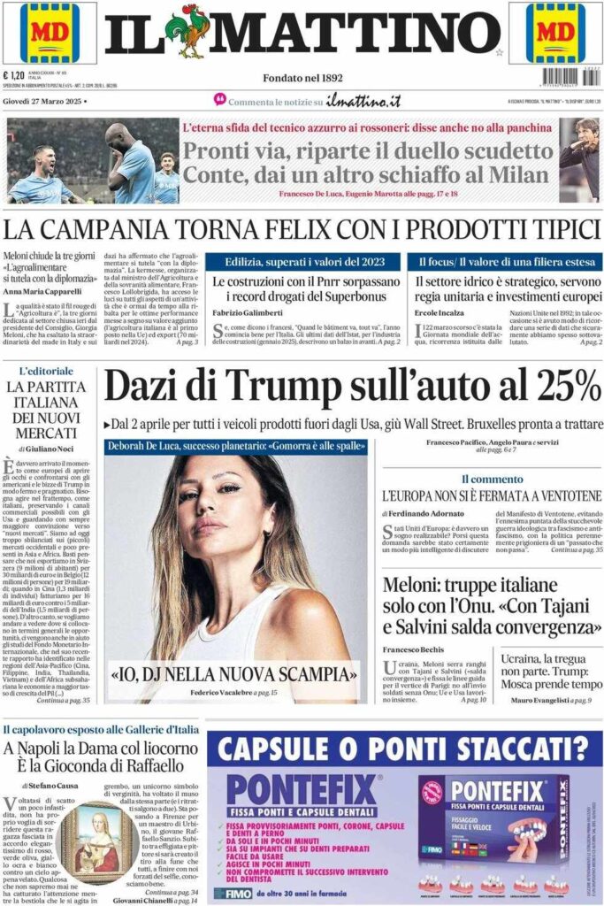 prima pagina il mattino oggi