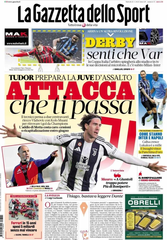 PRIMA PAGINA GAZZETTA DELLO SPORT OGGI: “Inzaghi al rinnovo, ci metto la firma”
