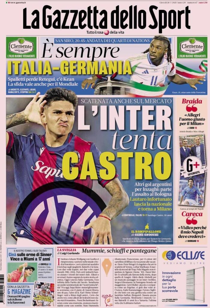 PRIMA PAGINA GAZZETTA DELLO SPORT OGGI: “Inzaghi al rinnovo, ci metto la firma”