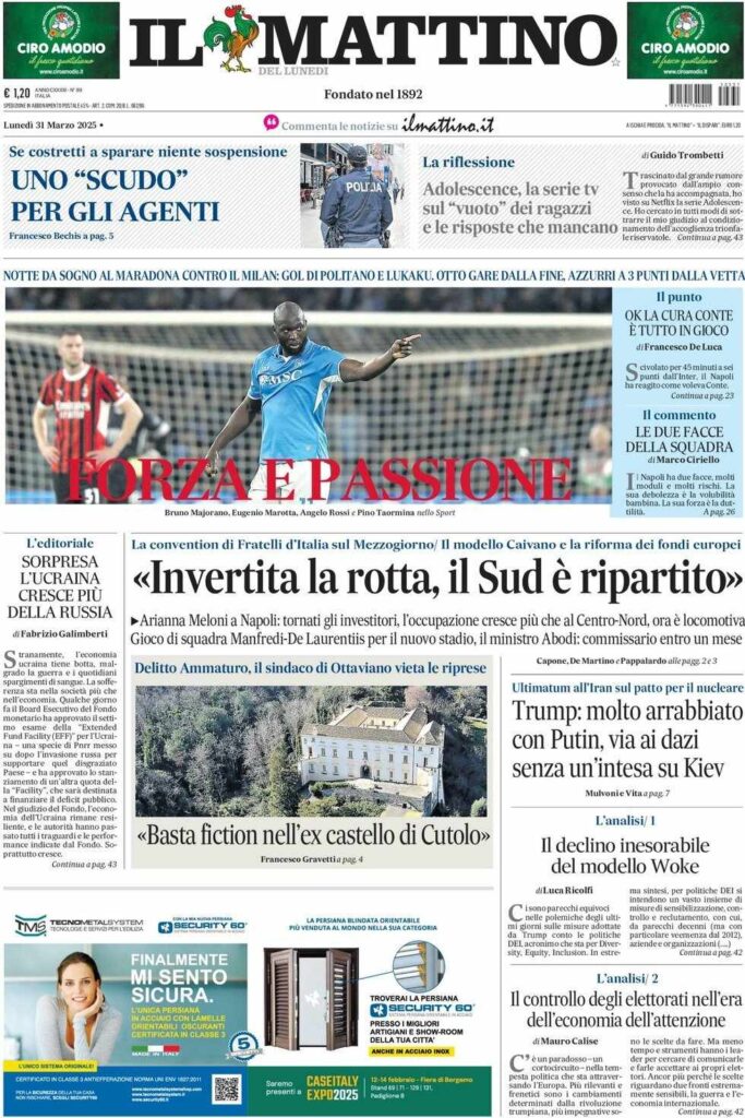 prima pagina il mattino oggi