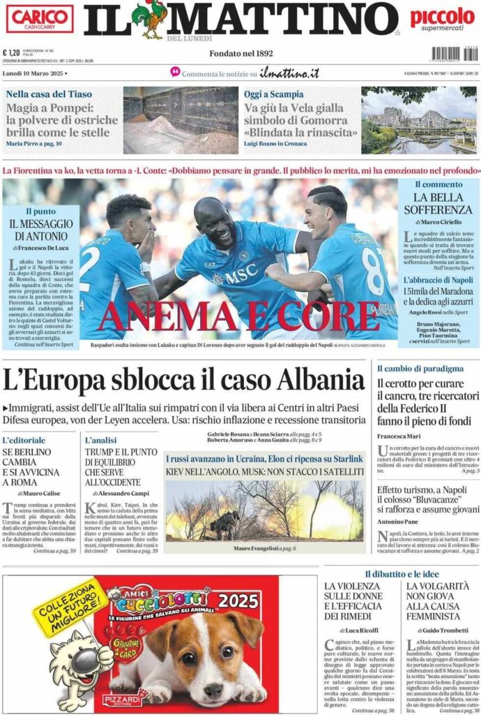 prima pagina il mattino oggi