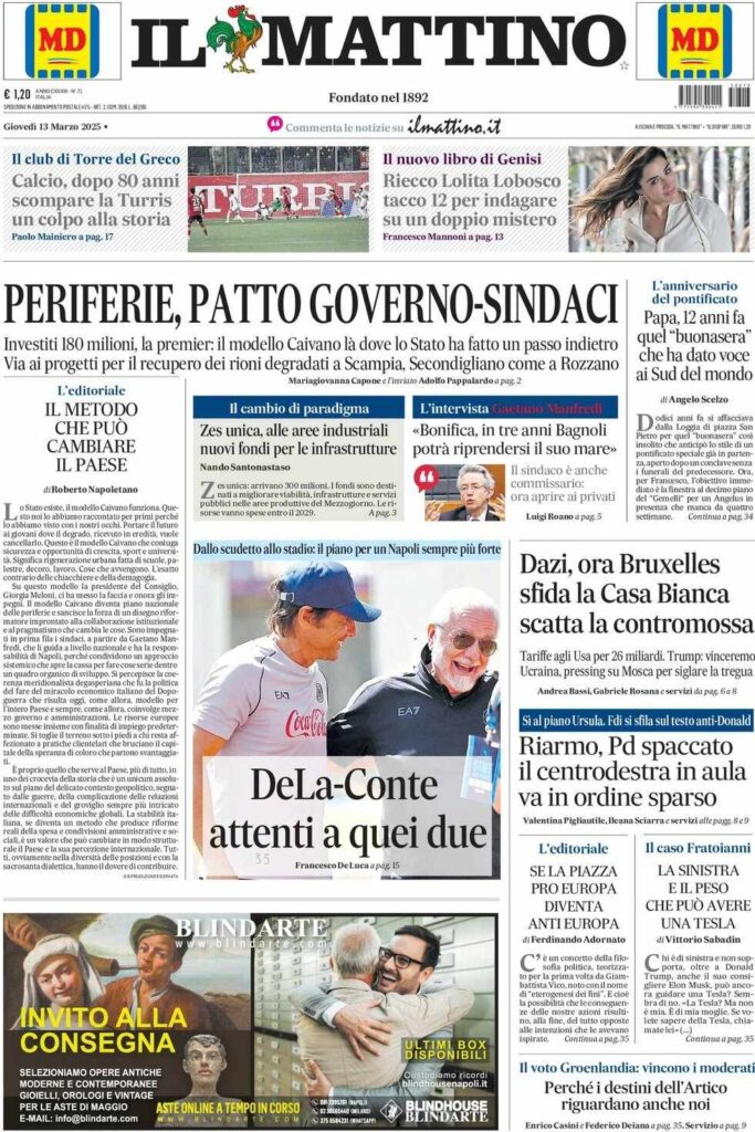 prima pagina il mattino oggi