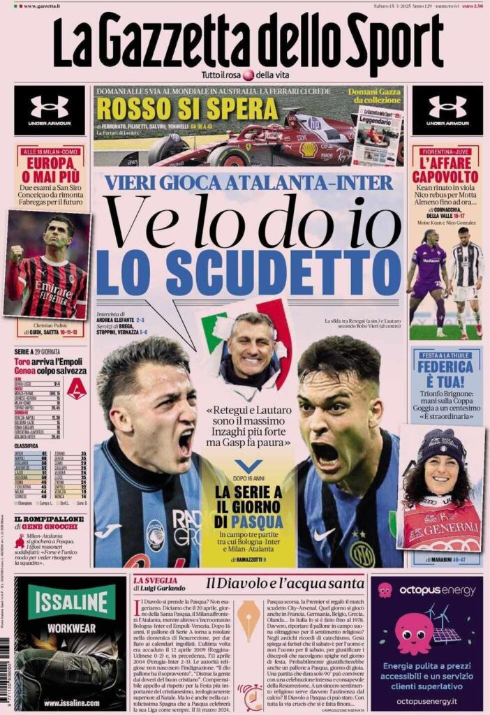 PRIMA PAGINA GAZZETTA DELLO SPORT OGGI: “Inzaghi al rinnovo, ci metto la firma”