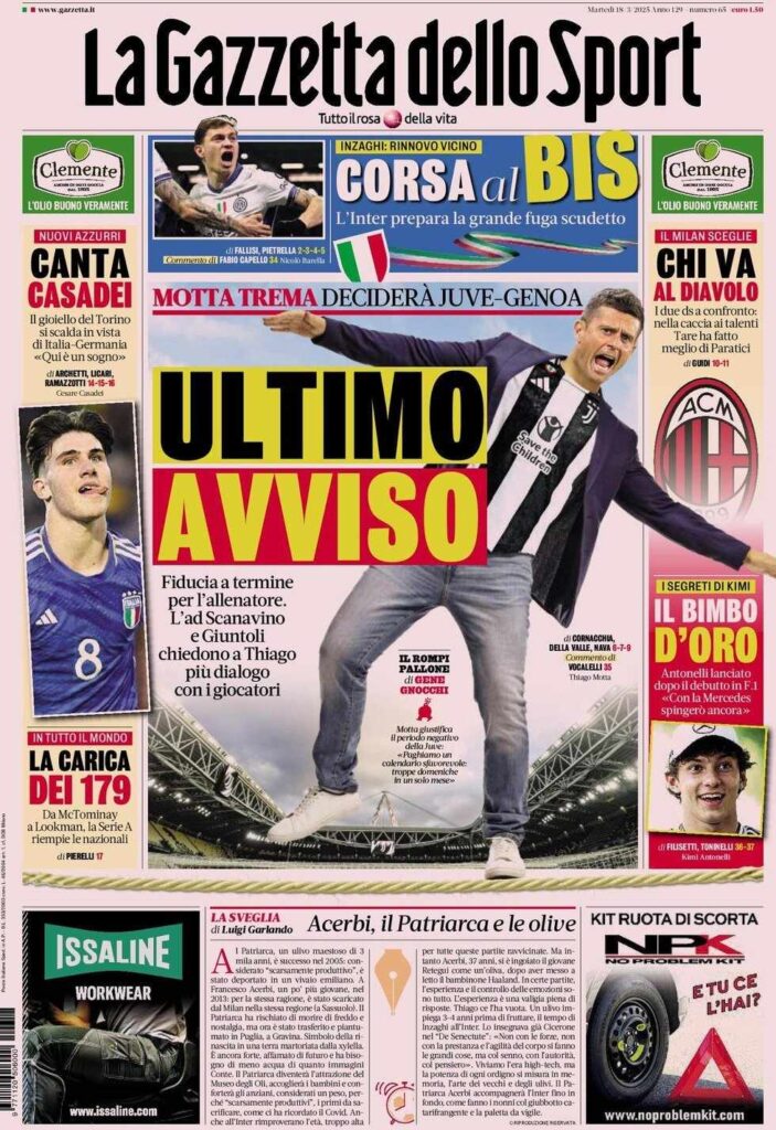 PRIMA PAGINA GAZZETTA DELLO SPORT OGGI: “Inzaghi al rinnovo, ci metto la firma”