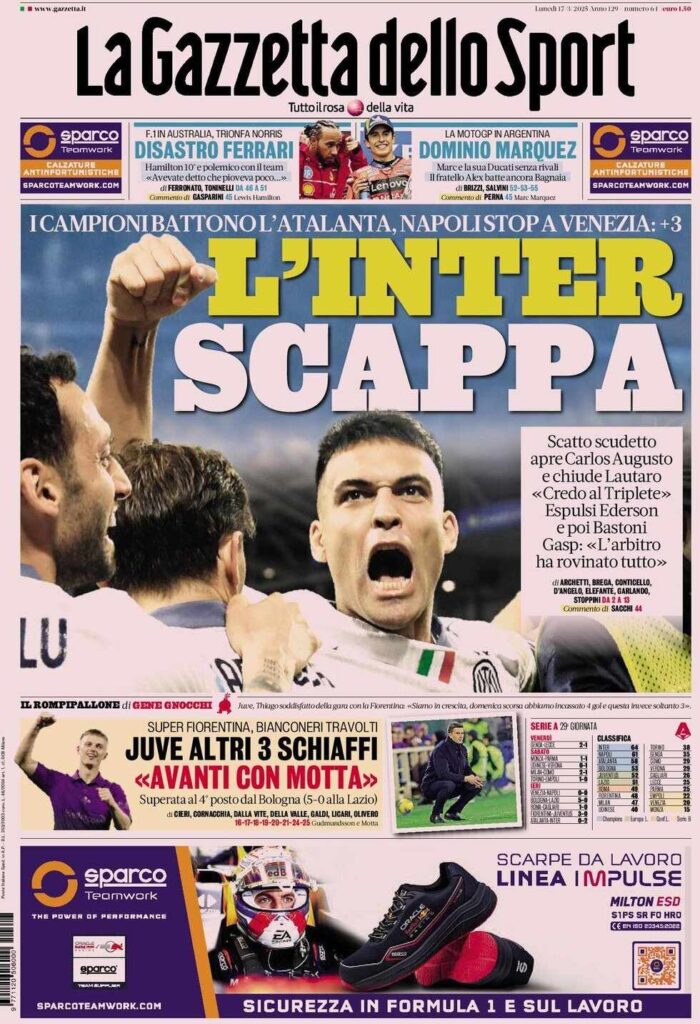 PRIMA PAGINA GAZZETTA DELLO SPORT OGGI: “Inzaghi al rinnovo, ci metto la firma”