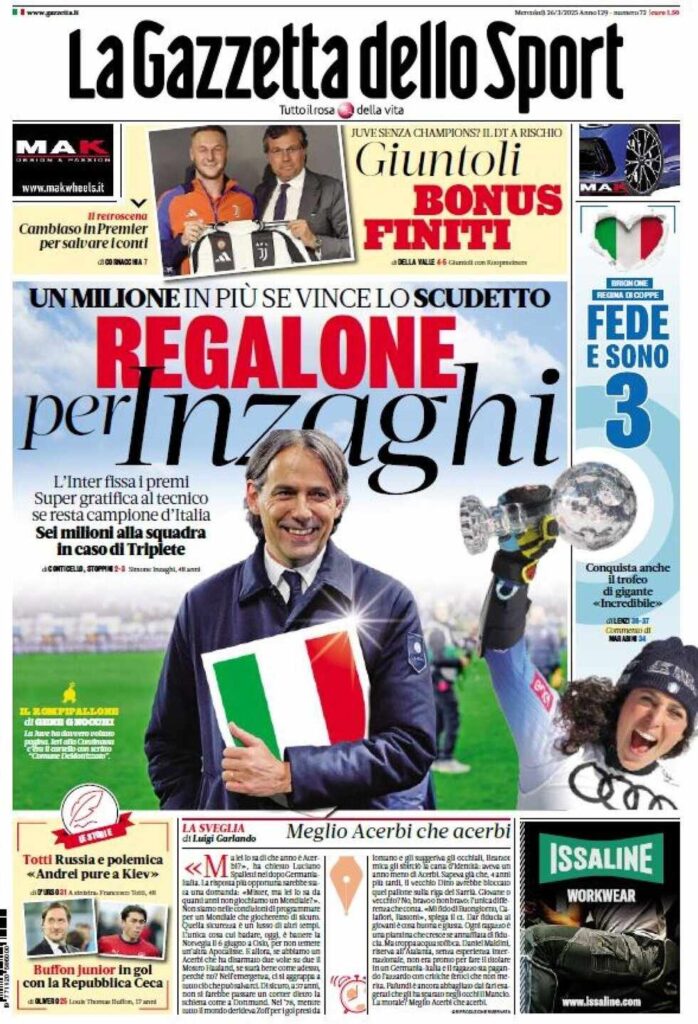 PRIMA PAGINA GAZZETTA DELLO SPORT OGGI: “Inzaghi al rinnovo, ci metto la firma”