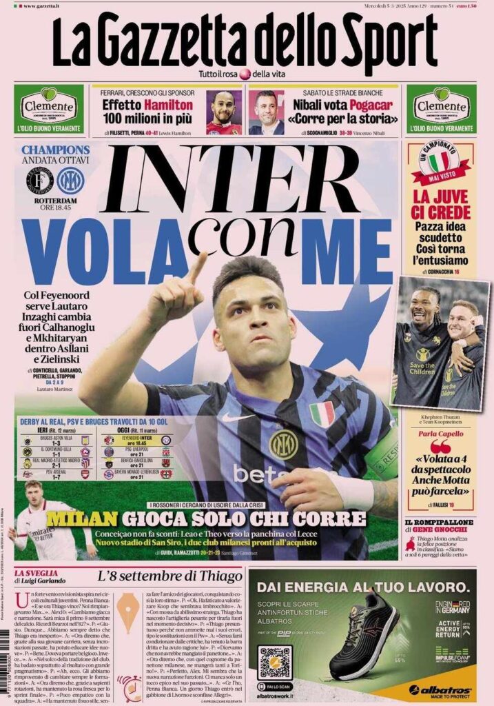 PRIMA PAGINA GAZZETTA DELLO SPORT OGGI: “Inzaghi al rinnovo, ci metto la firma”