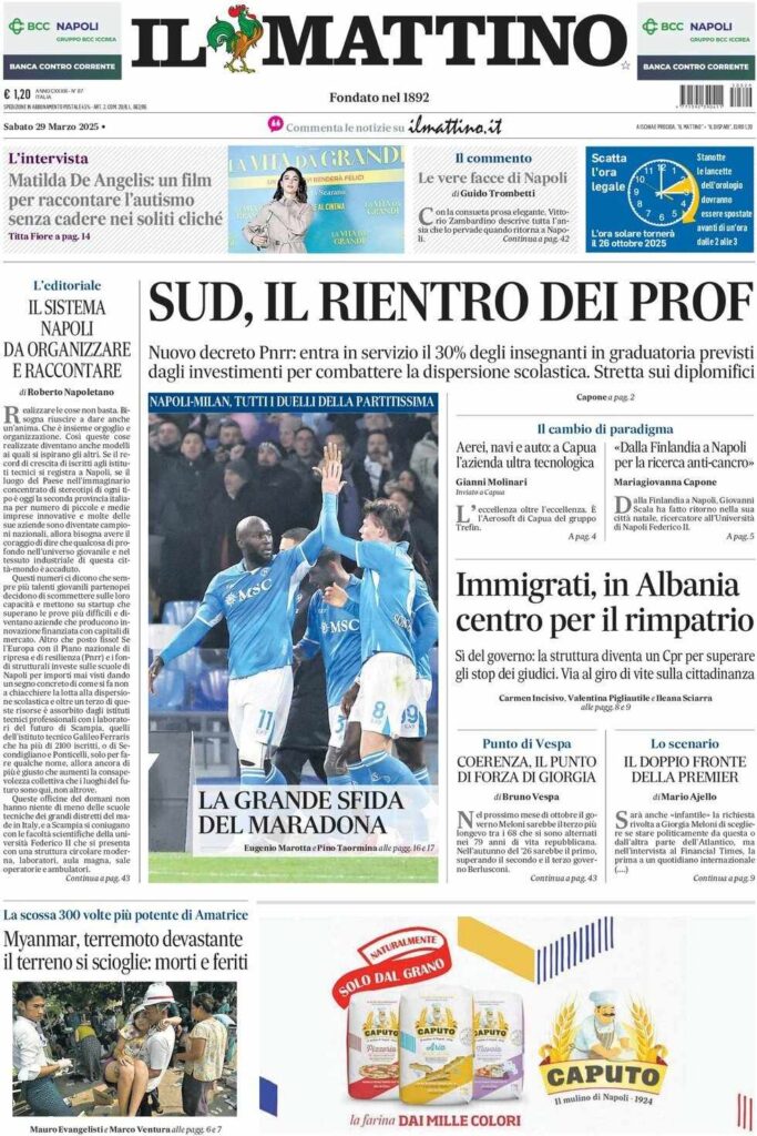 prima pagina il mattino oggi