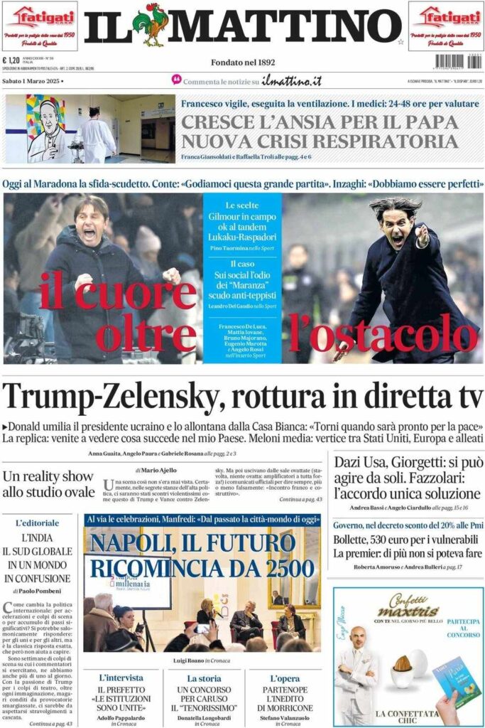 prima pagina il mattino oggi