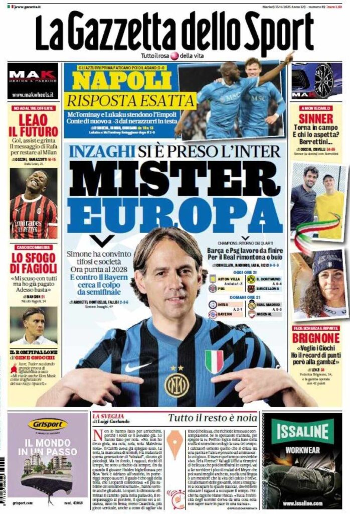 PRIMA PAGINA GAZZETTA DELLO SPORT OGGI: “Inzaghi al rinnovo, ci metto la firma”