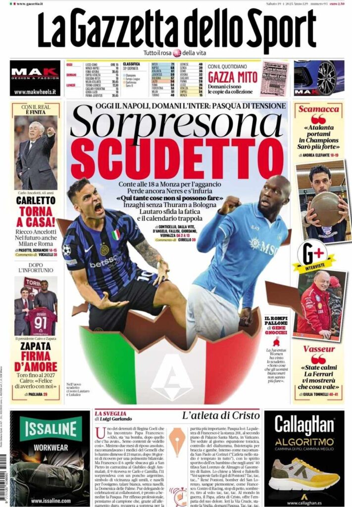 PRIMA PAGINA GAZZETTA DELLO SPORT OGGI: “Inzaghi al rinnovo, ci metto la firma”