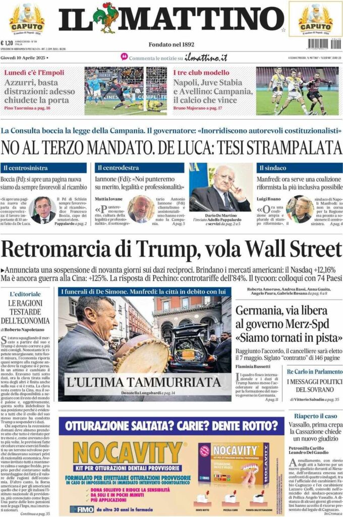 prima pagina il mattino oggi