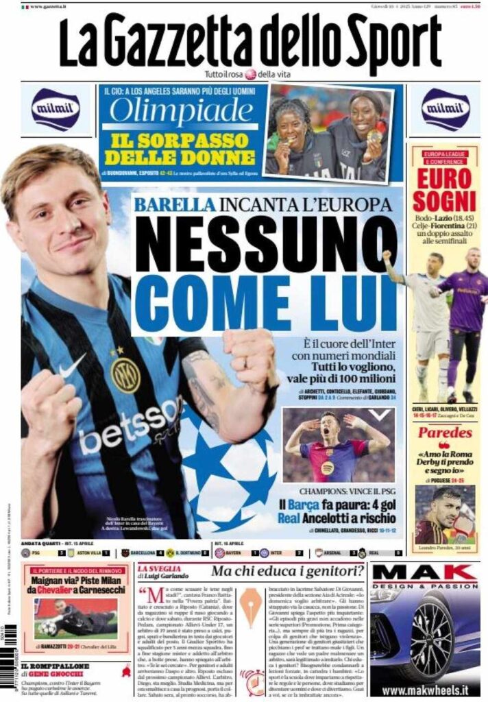 PRIMA PAGINA GAZZETTA DELLO SPORT OGGI: “Inzaghi al rinnovo, ci metto la firma”