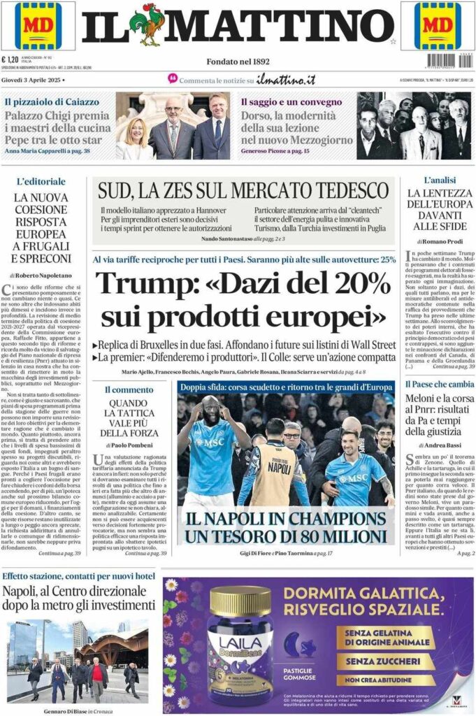 prima pagina il mattino oggi