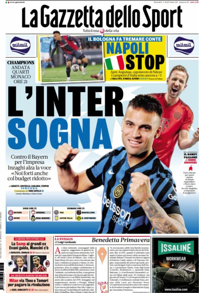 PRIMA PAGINA GAZZETTA DELLO SPORT OGGI: “Inzaghi al rinnovo, ci metto la firma”