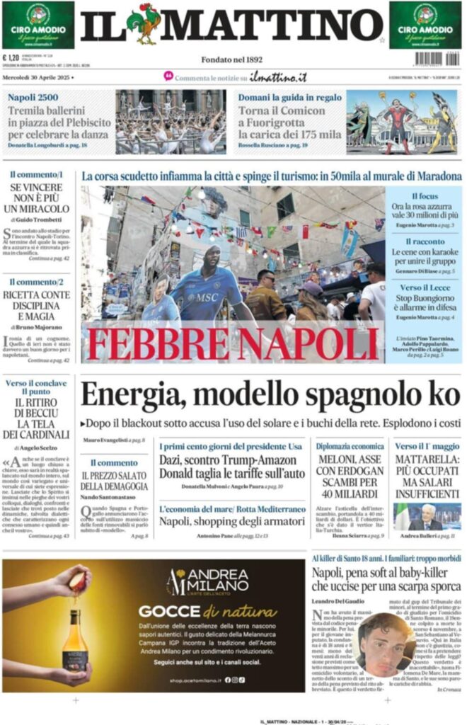 prima pagina il mattino oggi