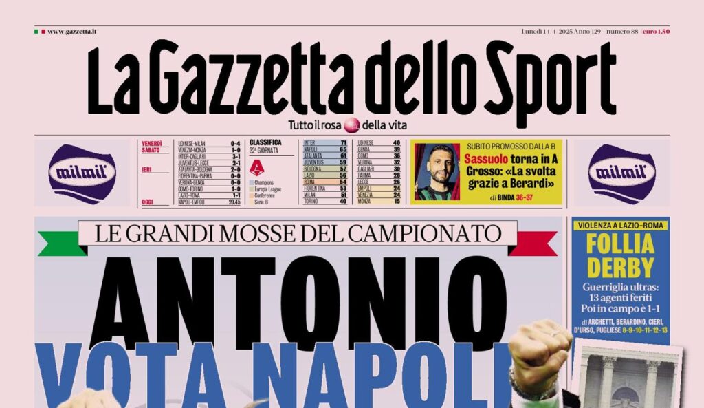 PRIMA PAGINA GAZZETTA DELLO SPORT OGGI: “Inzaghi al rinnovo, ci metto la firma”