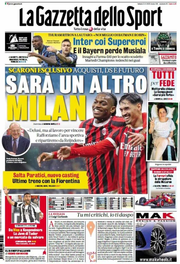 PRIMA PAGINA GAZZETTA DELLO SPORT OGGI: “Inzaghi al rinnovo, ci metto la firma”