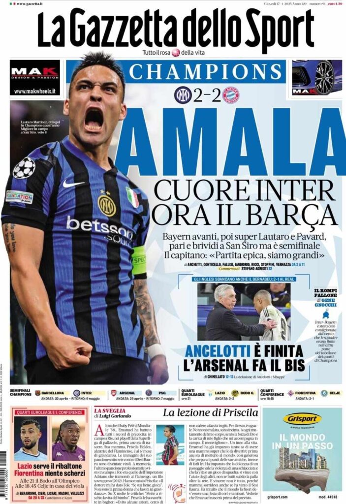 PRIMA PAGINA GAZZETTA DELLO SPORT OGGI: “Inzaghi al rinnovo, ci metto la firma”