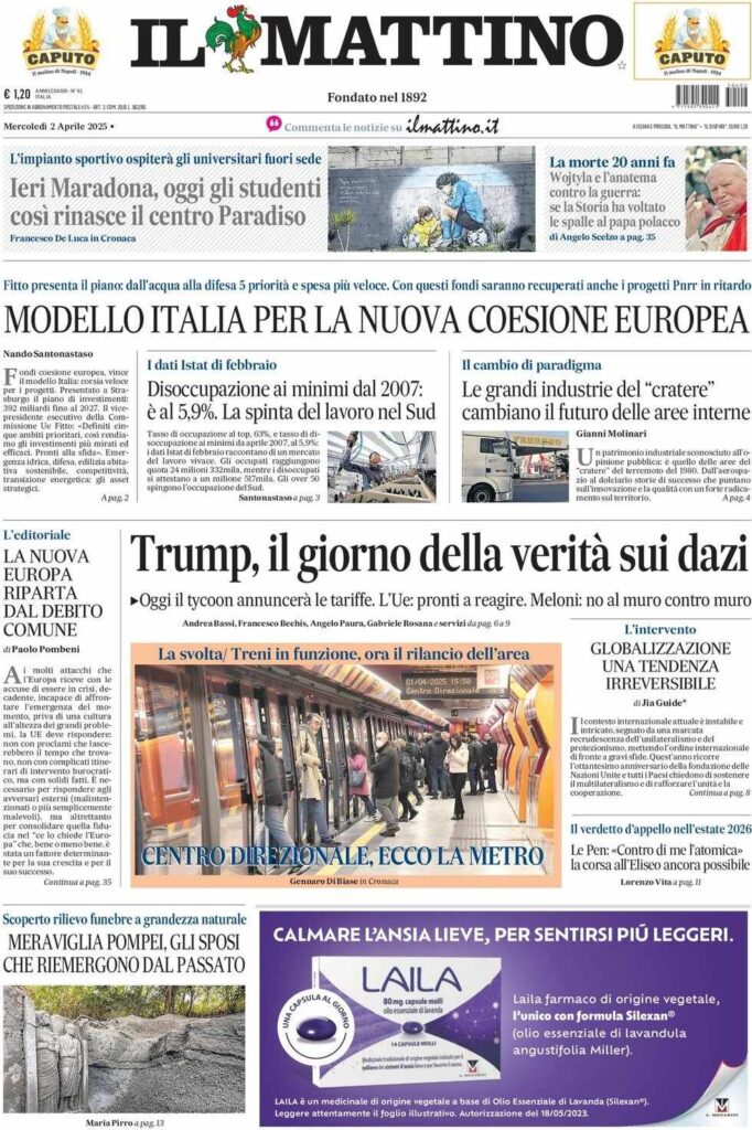 prima pagina il mattino oggi