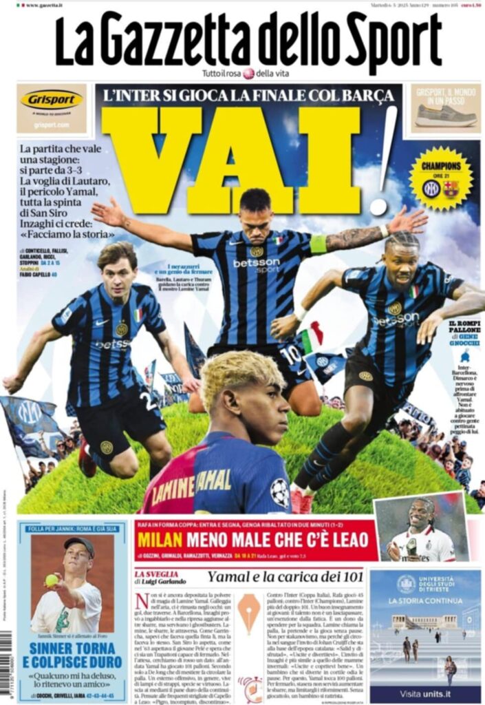 PRIMA PAGINA GAZZETTA DELLO SPORT OGGI: “Inzaghi al rinnovo, ci metto la firma”