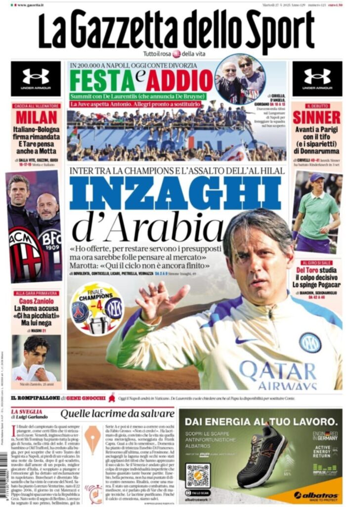 PRIMA PAGINA GAZZETTA DELLO SPORT OGGI: “Inzaghi al rinnovo, ci metto la firma”